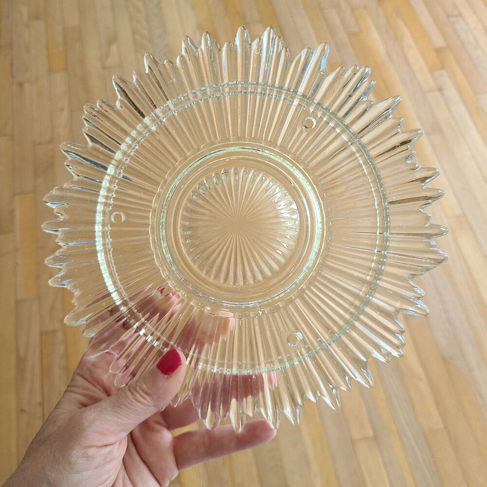 Vintage Art Deco Pressed Glass Starburst 3-Chain Ceiling Light Fixture Shade 9"
